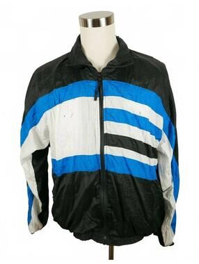 Pro Line Mens Soft Lined Full Zip Black Blue White Windbreaker Jacket M? Vintage